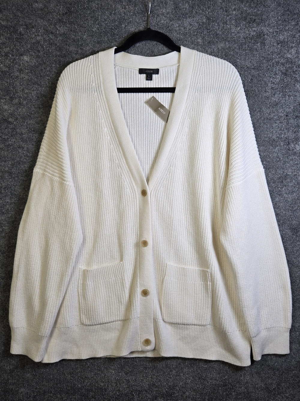 J Crew Cardigan Womens L Ivory White Ribbed Cotton Cashmere Old Money New